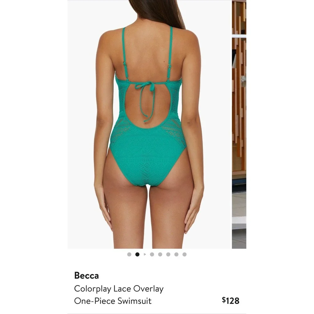 Becca Colorplay Lace Overlay One-Piece Swimsuit Teal Green High Neck‎ New